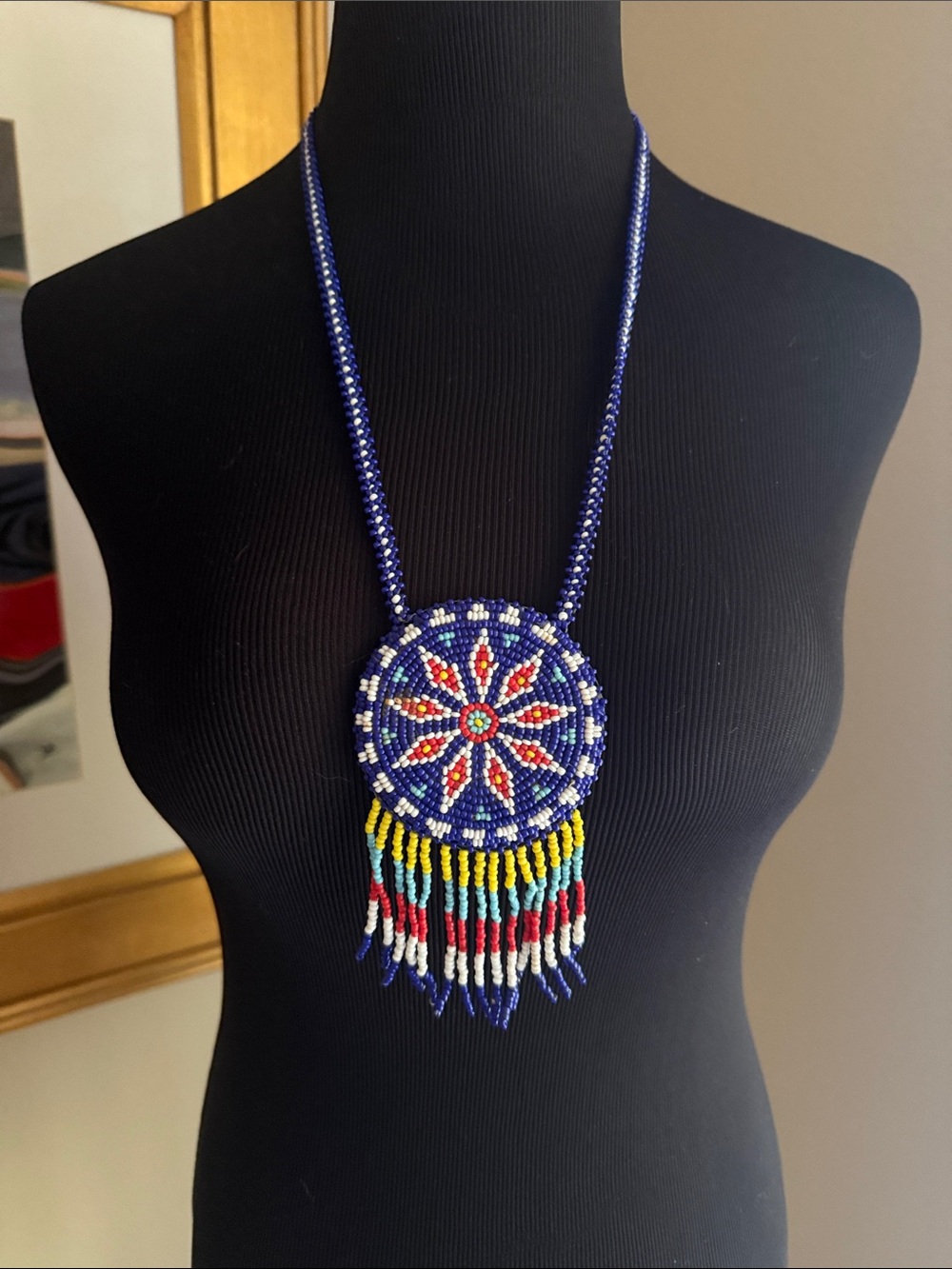 Vintage Handmade Blue Beaded Fringe Pendant Necklace